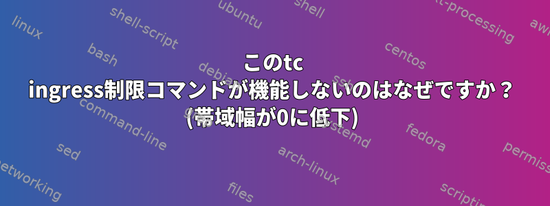 このtc ingress制限コマンドが機能しないのはなぜですか？ (帯域幅が0に低下)