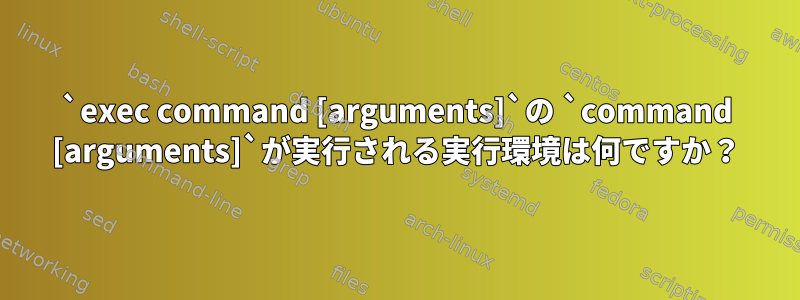 `exec command [arguments]`の `command [arguments]`が実行される実行環境は何ですか？