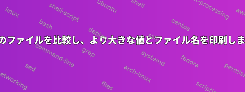 複数のファイルを比較し、より大きな値とファイル名を印刷します。