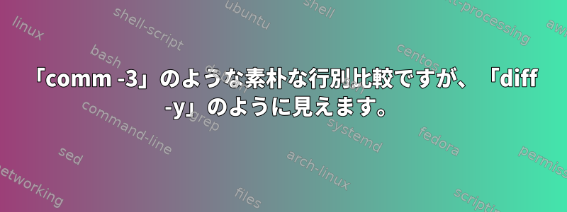 「comm -3」のような素朴な行別比較ですが、「diff -y」のように見えます。