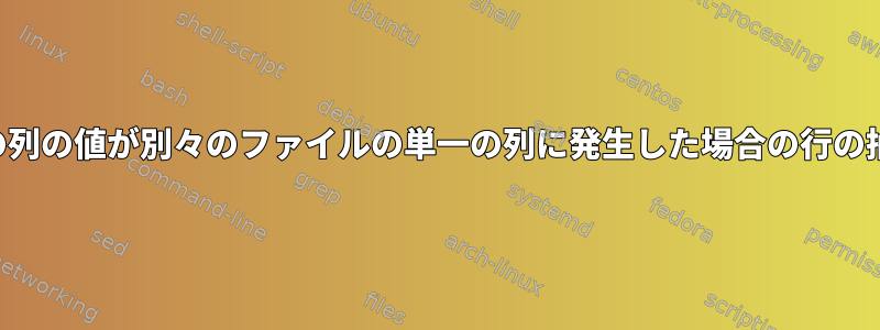 2つの列の値が別々のファイルの単一の列に発生した場合の行の抽出