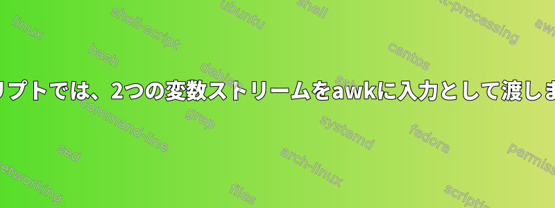 スクリプトでは、2つの変数ストリームをawkに入力として渡します。