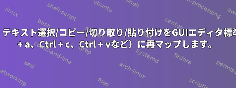 Vimは、テキスト選択/コピー/切り取り/貼り付けをGUIエディタ標準（Ctrl + a、Ctrl + c、Ctrl + vなど）に再マップします。