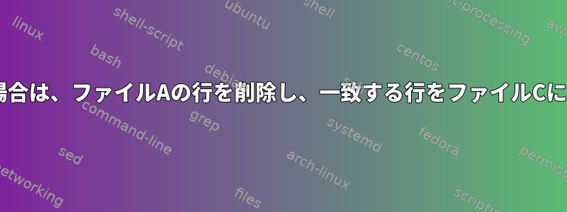 ファイルBの行がファイルAの複数の列と一致する場合は、ファイルAの行を削除し、一致する行をファイルCに配置し、一致しない行をファイルDに配置します。