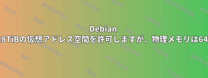 Debian Linuxはプロセスあたり最大128TiBの仮想アドレス空間を許可しますが、物理メモリは64TiBしか許可されていません。