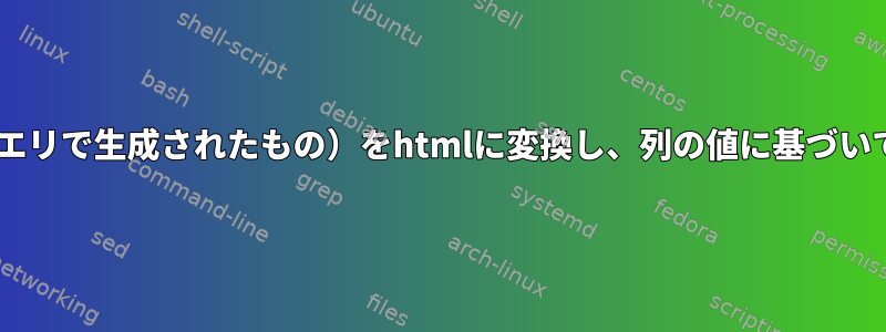 csvファイル（データベースクエリで生成されたもの）をhtmlに変換し、列の値に基づいてテーブルの色を指定します。