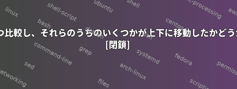 2つのファイルを1行ずつ比較し、それらのうちのいくつかが上下に移動したかどうかを確認する方法は？ [閉鎖]