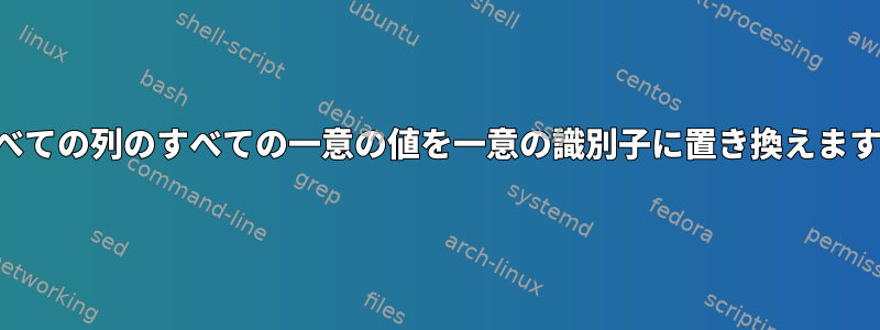 すべての列のすべての一意の値を一意の識別子に置き換えます。