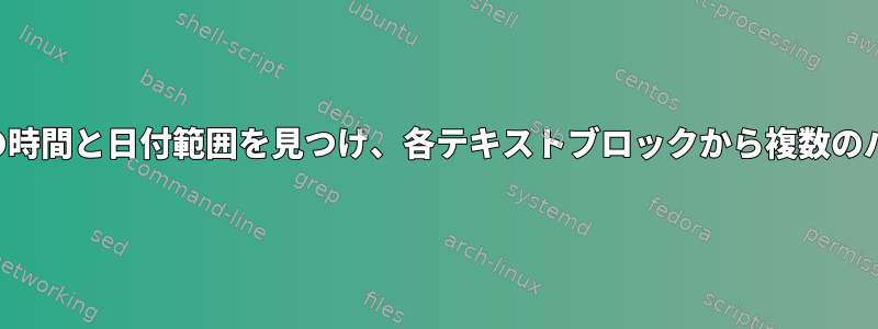 入力パラメータで特定の時間と日付範囲を見つけ、各テキストブロックから複数のパターンを抽出します。