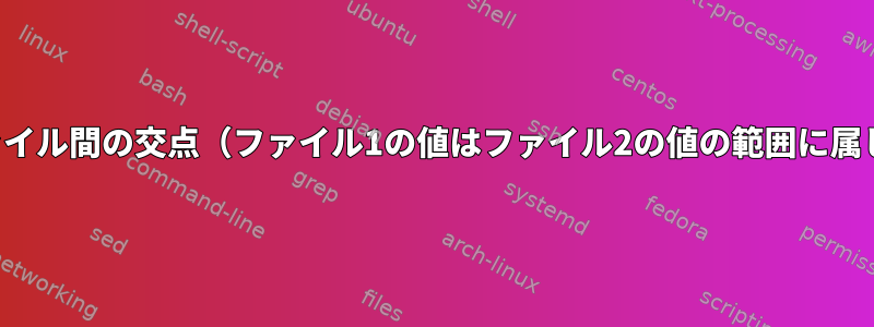 2つのファイル間の交点（ファイル1の値はファイル2の値の範囲に属します）