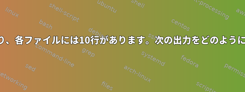 4つのファイルがあり、各ファイルには10行があります。次の出力をどのように取得できますか？