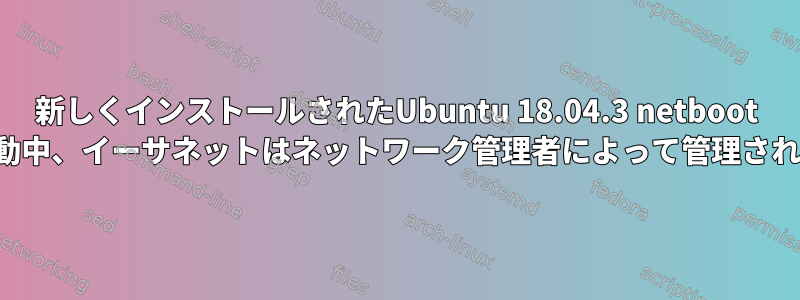 新しくインストールされたUbuntu 18.04.3 netboot PXEの起動中、イーサネットはネットワーク管理者によって管理されません。