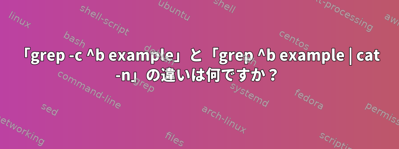 「grep -c ^b example」と「grep ^b example | cat -n」の違いは何ですか？