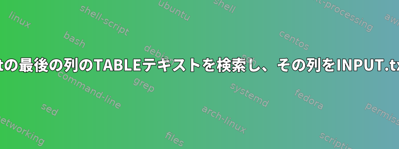 AWK：INPUT.txtの最後の列のTABLEテキストを検索し、その列をINPUT.txtに追加します。