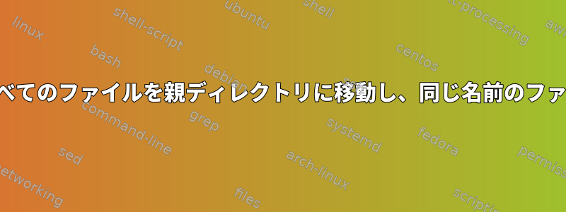 移動コマンドは、サブフォルダ内のすべてのファイルを親ディレクトリに移動し、同じ名前のファイルがある場合は名前を変更します。