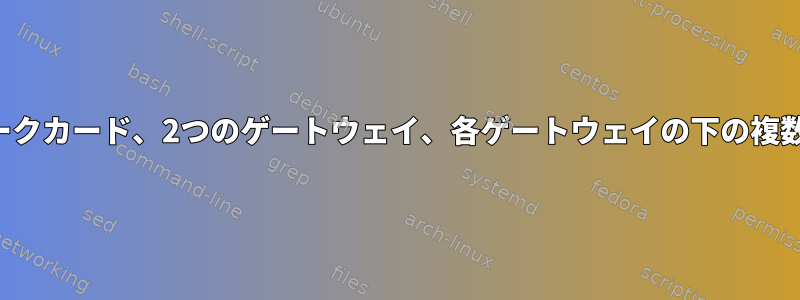 2つのネットワークカード、2つのゲートウェイ、各ゲートウェイの下の複数のエイリアス