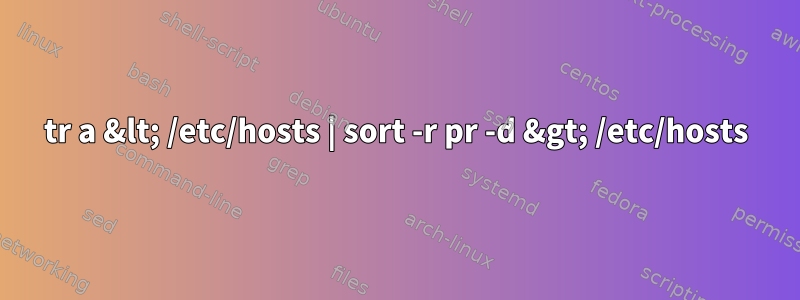 tr a &lt; /etc/hosts | sort -r pr -d &gt; /etc/hosts