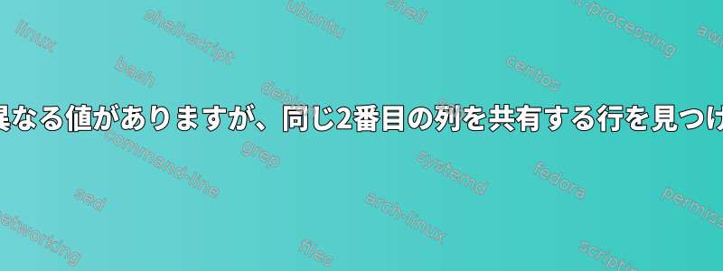 5番目の列に異なる値がありますが、同じ2番目の列を共有する行を見つける方法は？