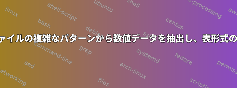 プレーンテキストファイルの複雑なパターンから数値データを抽出し、表形式の出力を生成します。