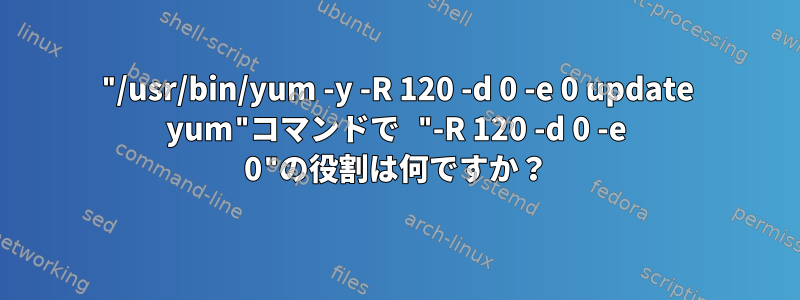 "/usr/bin/yum -y -R 120 -d 0 -e 0 update yum"コマンドで "-R 120 -d 0 -e 0"の役割は何ですか？