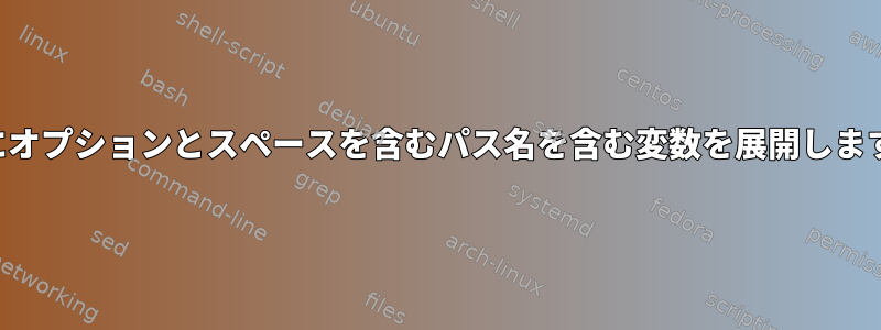 値にオプションとスペースを含むパス名を含む変数を展開します。