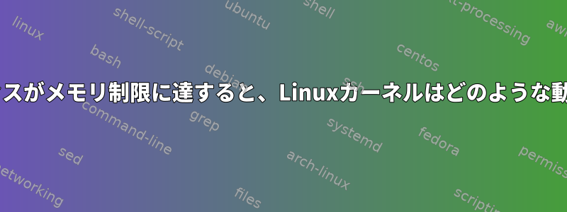 cgroupのプロセスがメモリ制限に達すると、Linuxカーネルはどのような動作をしますか？