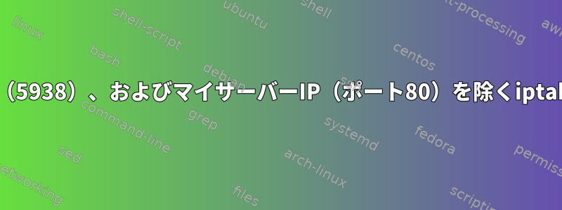 dns（ポート53）、チームビューアポート（5938）、およびマイサーバーIP（ポート80）を除くiptables-block-all-inbound-and-outbound