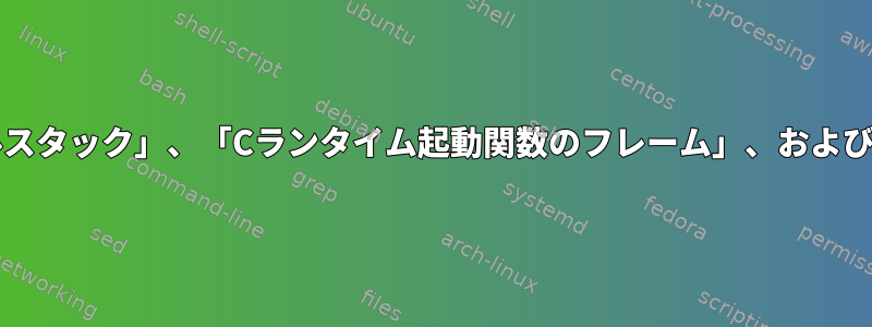 プログラムのメモリレイアウトでは、「カーネルスタック」、「Cランタイム起動関数のフレーム」、および「main（）のフレーム」はどこにありますか？