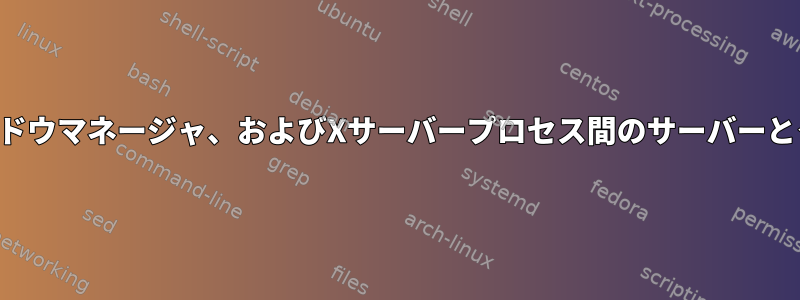 ターミナルエミュレータ、ウィンドウマネージャ、およびXサーバープロセス間のサーバーとクライアントの関係は何ですか？