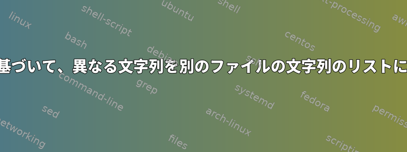 一致する項目に基づいて、異なる文字列を別のファイルの文字列のリストに置き換えます。