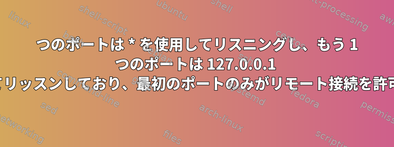 1 つのポートは * を使用してリスニングし、もう 1 つのポートは 127.0.0.1 を使用してリッスンしており、最初のポートのみがリモート接続を許可します。