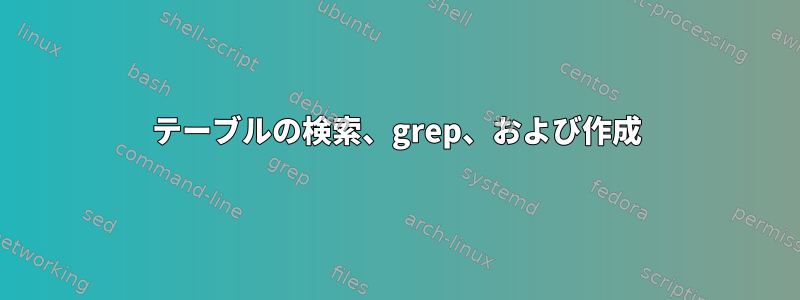 テーブルの検索、grep、および作成