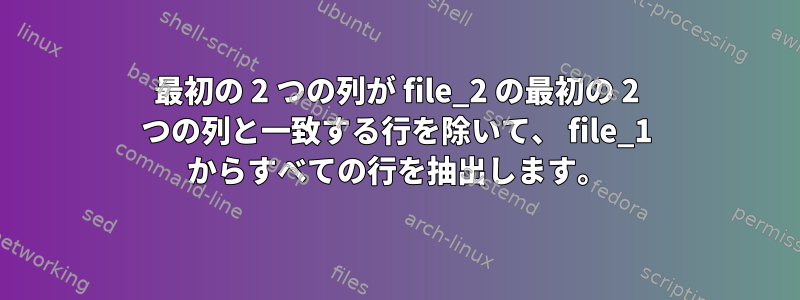 最初の 2 つの列が file_2 の最初の 2 つの列と一致する行を除いて、 file_1 からすべての行を抽出します。