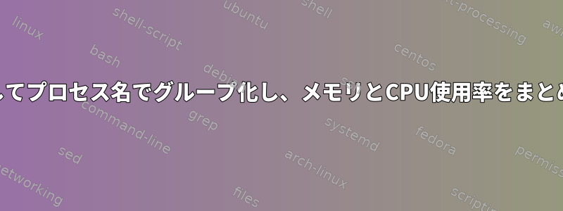 awkを使用してプロセス名でグループ化し、メモリとCPU使用率をまとめる方法は？