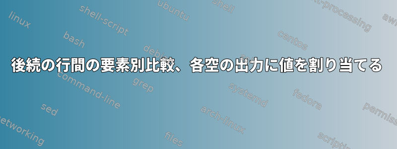 後続の行間の要素別比較、各空の出力に値を割り当てる