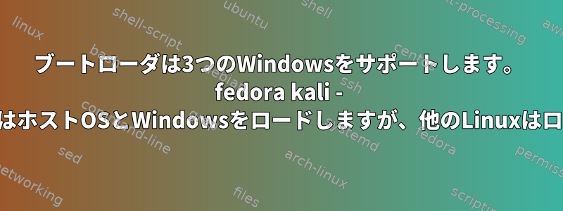 ブートローダは3つのWindowsをサポートします。 fedora kali - 各ブー​​トローダはホストOSとWindowsをロードしますが、他のLinuxはロードしません。