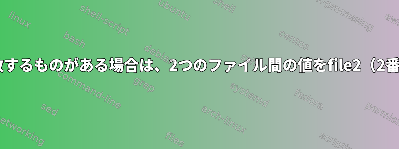 2つのファイルのうち、列1に一致するものがある場合は、2つのファイル間の値をfile2（2番目の列）の値に置き換えます。