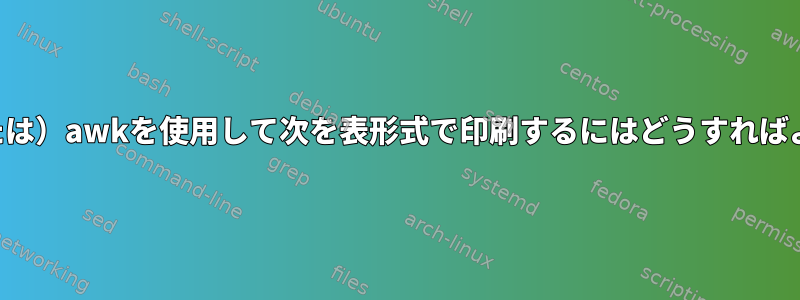 シェル（または）awkを使用して次を表形式で印刷するにはどうすればよいですか？