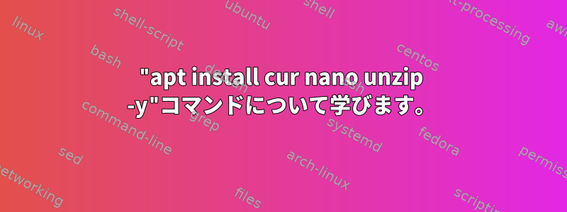 "apt install cur nano unzip -y"コマンドについて学びます。