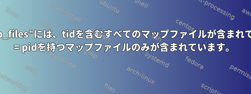 "/proc//map_files"には、tidを含むすべてのマップファイルが含まれているか、tid = pidを持つマップファイルのみが含まれています。