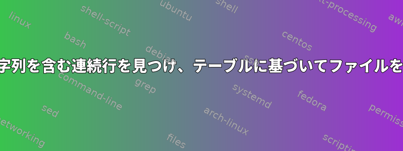 特定の文字列を含む連続行を見つけ、テーブルに基づいてファイルを変更する