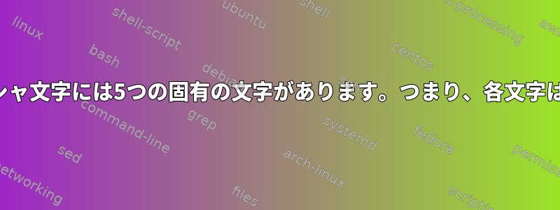 正規表現：すべてのギリシャ文字には5つの固有の文字があります。つまり、各文字は一度だけ表示されます。