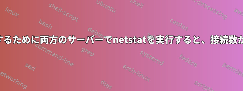 他のサーバーへの接続を確認するために両方のサーバーでnetstatを実行すると、接続数が一致しないように見えます。