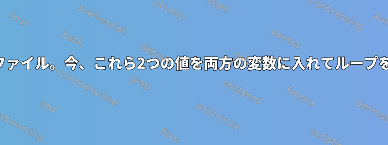 テーブルと列名を含むファイル。今、これら2つの値を両方の変数に入れてループを回したいと思います。