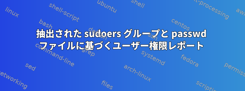 抽出された sudoers グループと passwd ファイルに基づくユーザー権限レポート