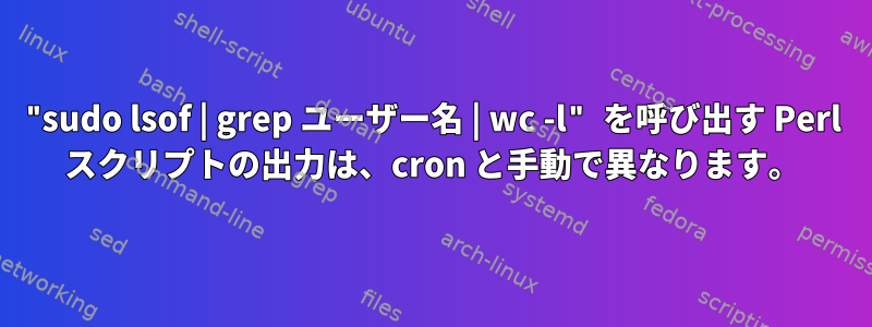 "sudo lsof | grep ユーザー名 | wc -l" を呼び出す Perl スクリプトの出力は、cron と手動で異なります。