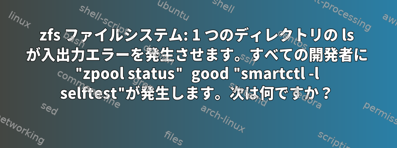 zfs ファイルシステム: 1 つのディレクトリの ls が入出力エラーを発生させます。すべての開発者に "zpool status" good "smartctl -l selftest"が発生します。次は何ですか？