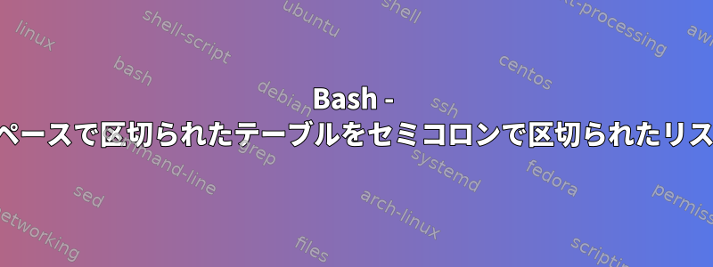 Bash - 問題のあるスペースで区切られたテーブルをセミコロンで区切られたリストに変換する