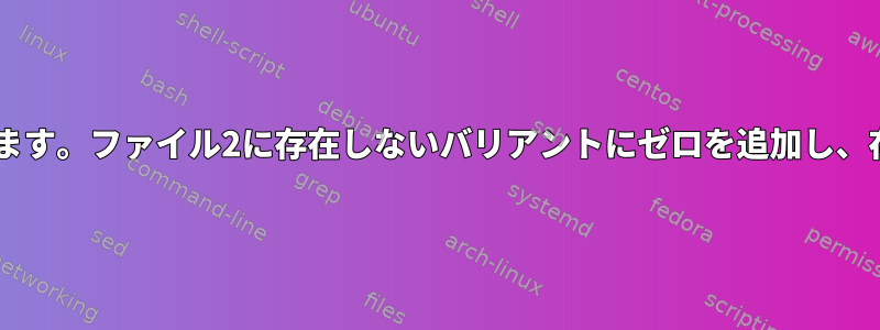 共通列に基づいて2つのファイルをマージします。ファイル2に存在しないバリアントにゼロを追加し、存在するバリアントに元の値を保持します。