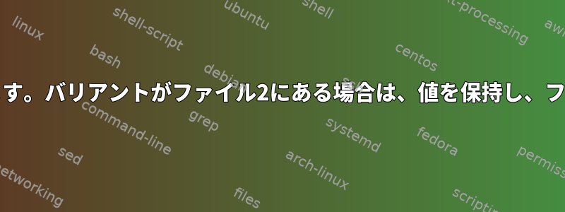 共通列に基づいて2つのファイルをマージします。バリアントがファイル2にある場合は、値を保持し、ファイル2にないバリアントに0を追加します。